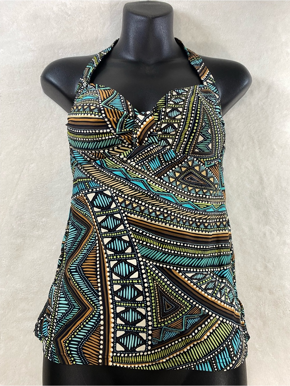 Christina Geometric Halter Tankini Top Teal Brown Size 6 Boho Swimsuit Top Only